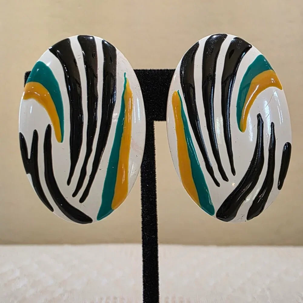 Vintage Boho Chic Tribal Metal Oval White Black Green and Yellow Stripe Earrings